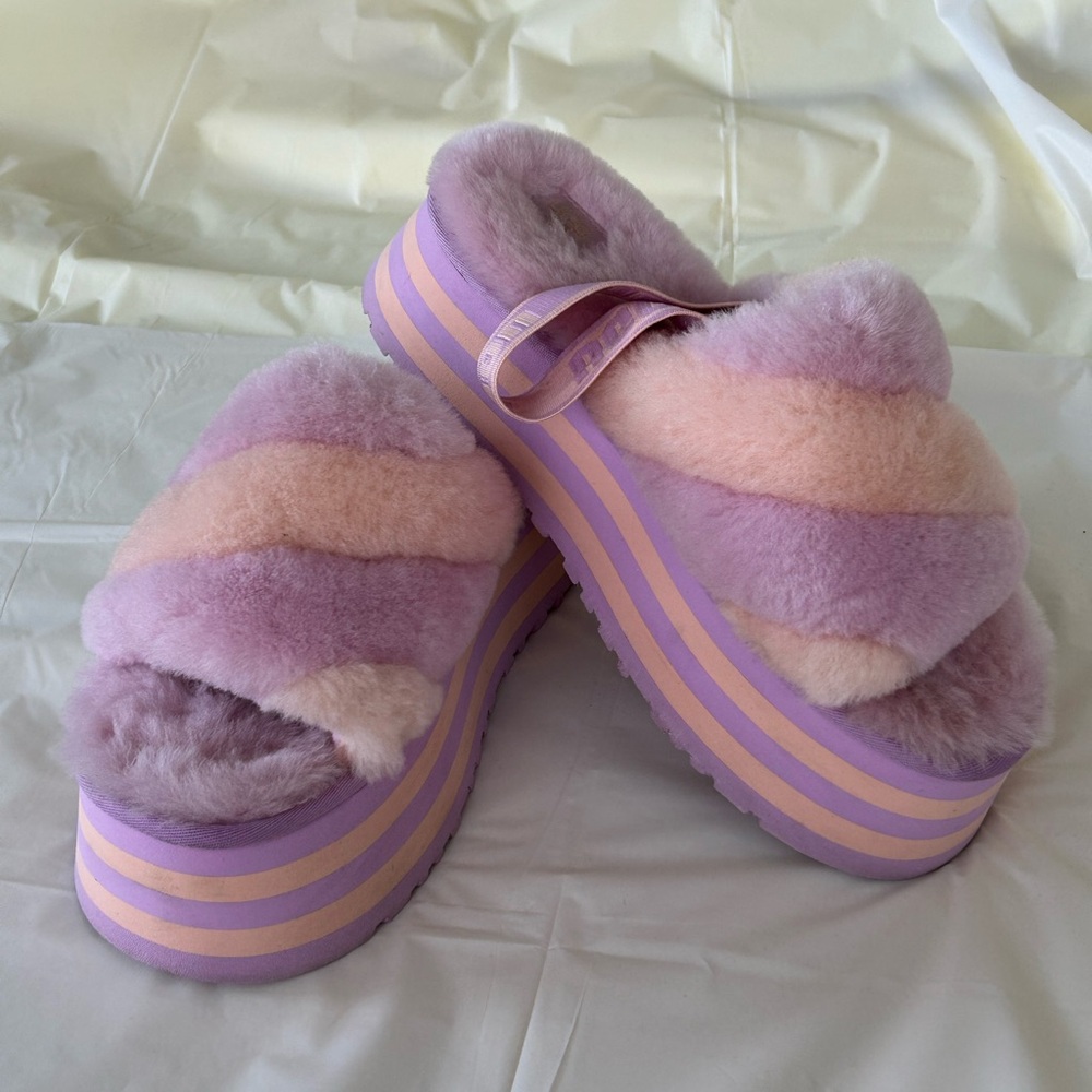 UGG Fluffy Purple and Pink Platform Slippers/ size 10